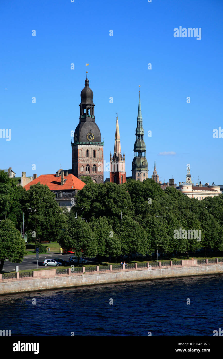View from Daugava-Bridge to the old town of Riga, Latvia Stock Photo