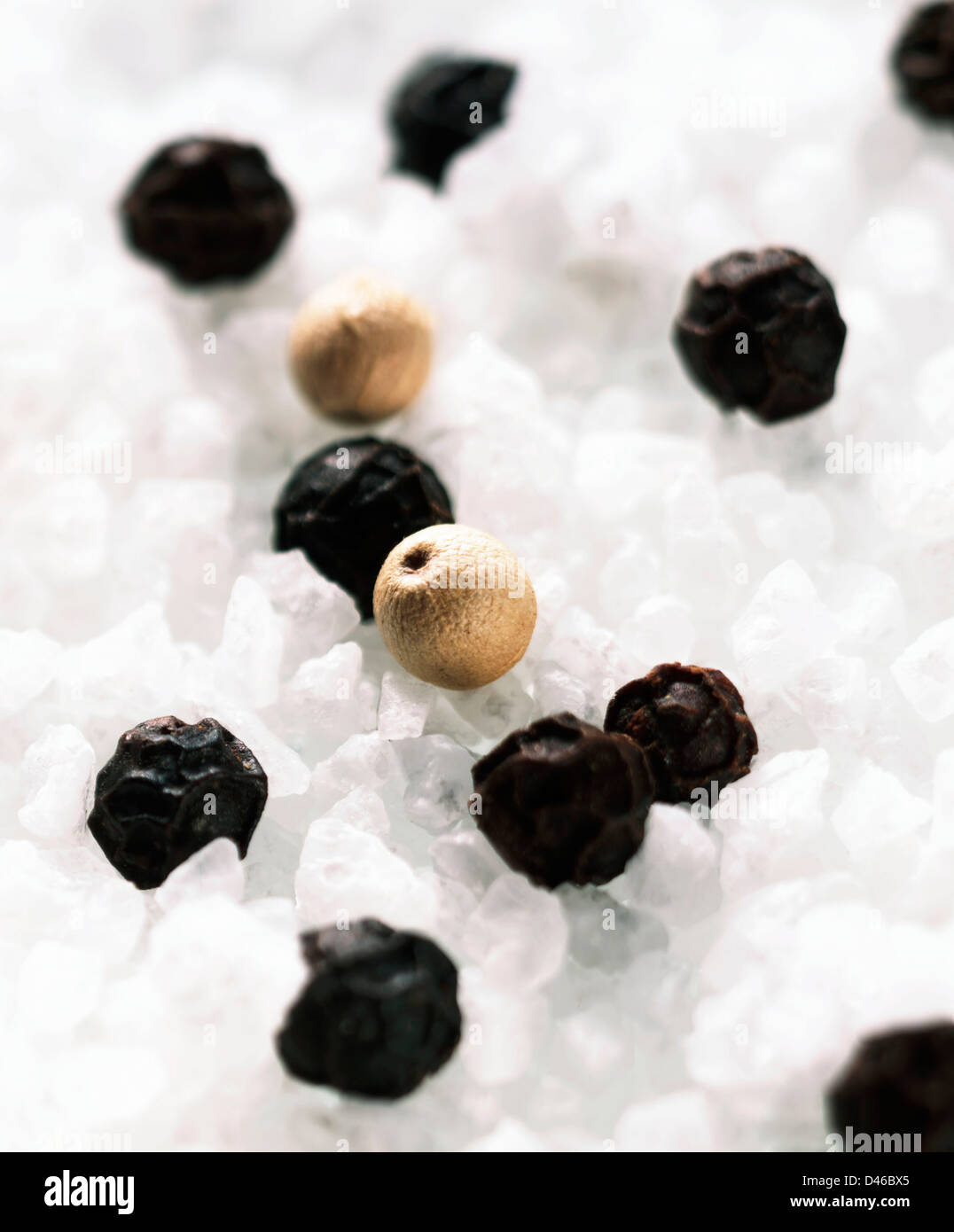 pepper corns on a bed of sea salt crystals Stock Photo Alamy
