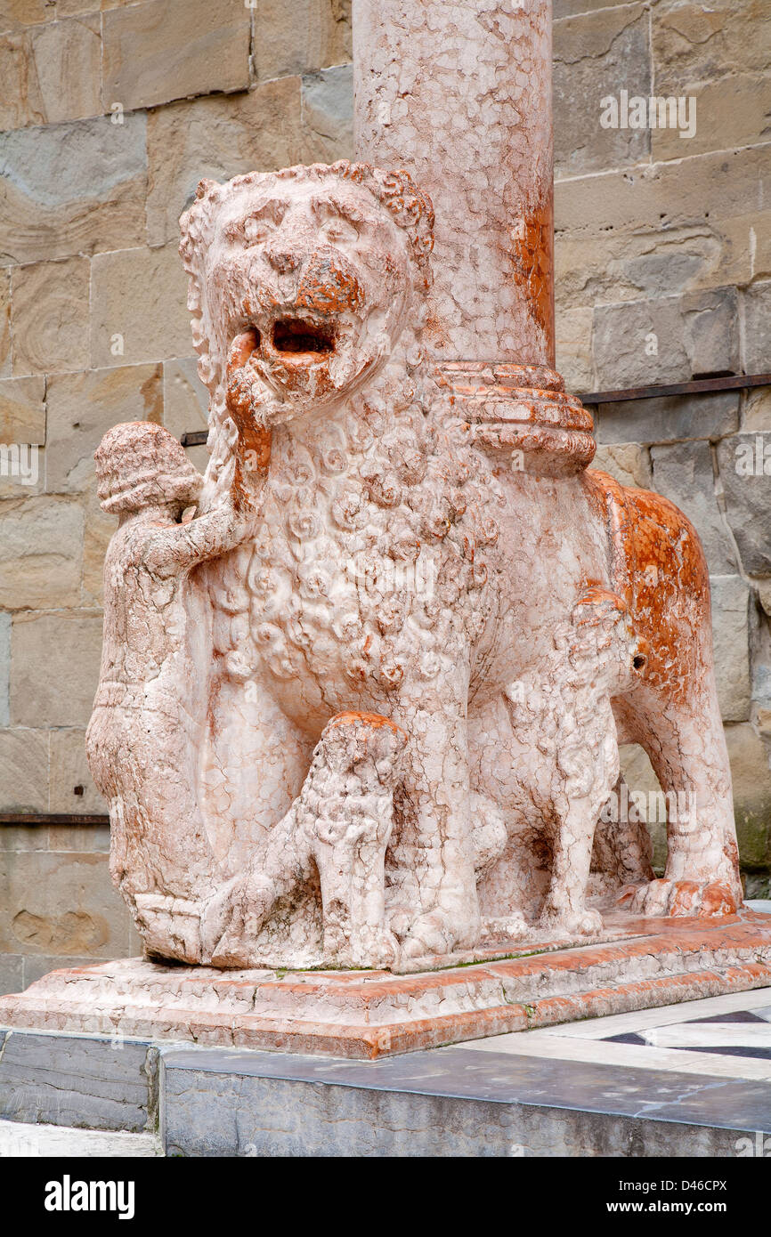 BERGAMO, ITALY - JANUARY 29: Lion and the column of portal from Basilica Santa Maria Maggiore Stock Photo