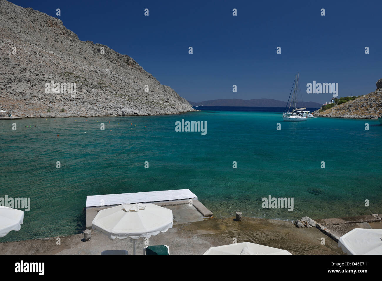 The crystalclear waters at Aghia Marina with the turkish peninsula of