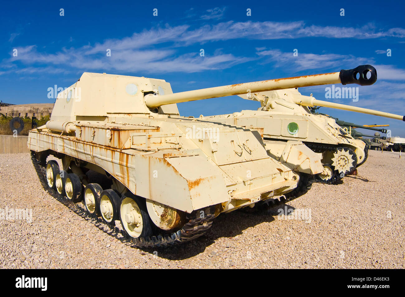 British tank destroyer and American 'Sherman' tank with Muslim half-moon on board in a tank museum. Stock Photo