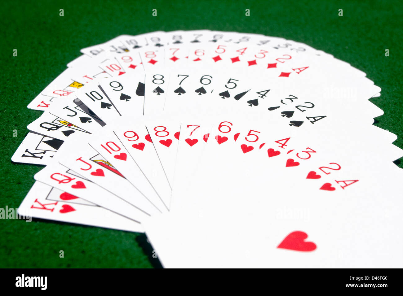 Complete deck of playing cards laid on the green playing table according to the suits. Stock Photo