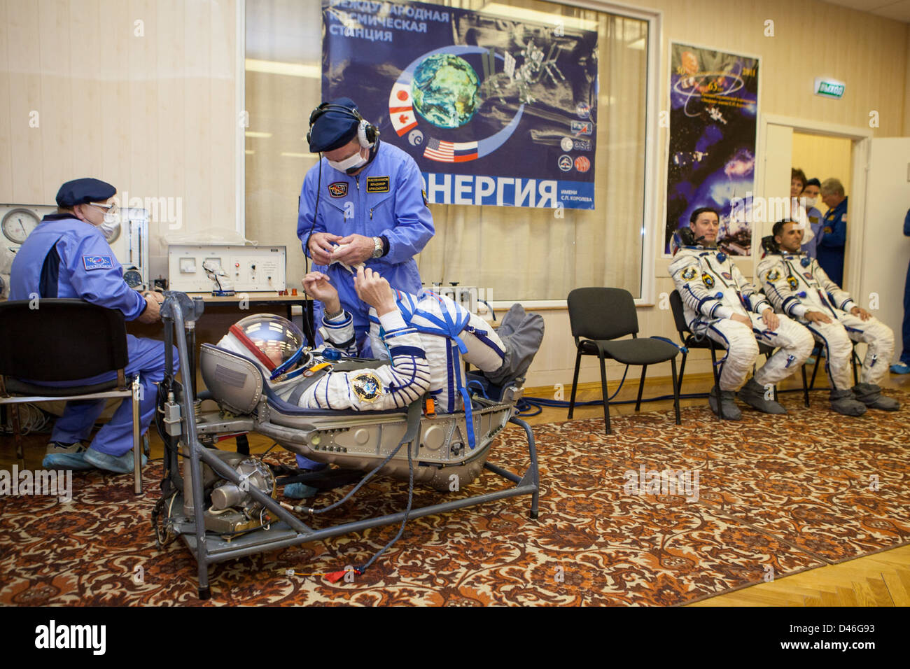 Cosmonauts and astronauts from Expedition 31 prepare for launch at the Baikonur Cosmodrome. The crew, including Andrey Shelepin, Gennady Padalka, and Joe Acaba, is set for a mission aboard the Soyuz TMA spacecraft. Stock Photo