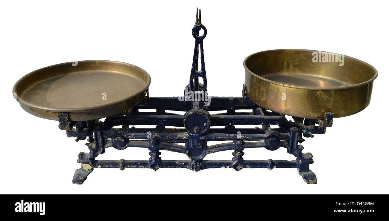 Old balance scale isolated on white background Stock Photo Alamy