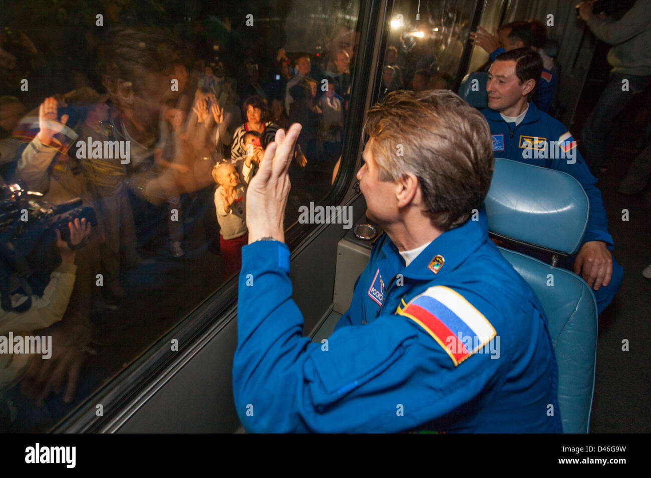The crew of Expedition 31 prepares for launch from Baikonur Cosmodrome, including cosmonauts Andrey Shelepin, Gennady Padalka, and Sergei Revin, ahead of their mission to the ISS. Stock Photo