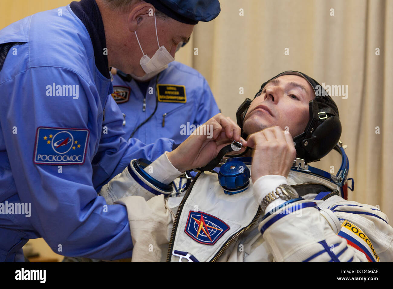 The Expedition 31 crew, including NASA astronaut Andrey Shelepin and cosmonauts from Roscosmos, prepare for their mission to the International Space Station (ISS) at Baikonur Cosmodrome. Stock Photo