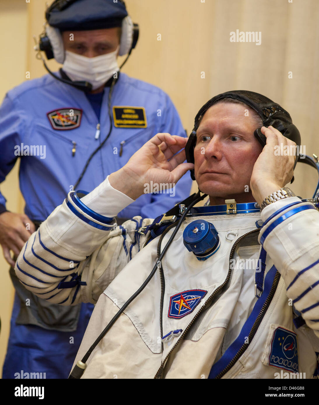 The crew for Expedition 31, including Andrey Shelepin and Gennady Padalka, prepares for launch at Baikonur Cosmodrome. The mission is a part of NASA’s collaboration with Roscosmos to operate the International Space Station. Stock Photo