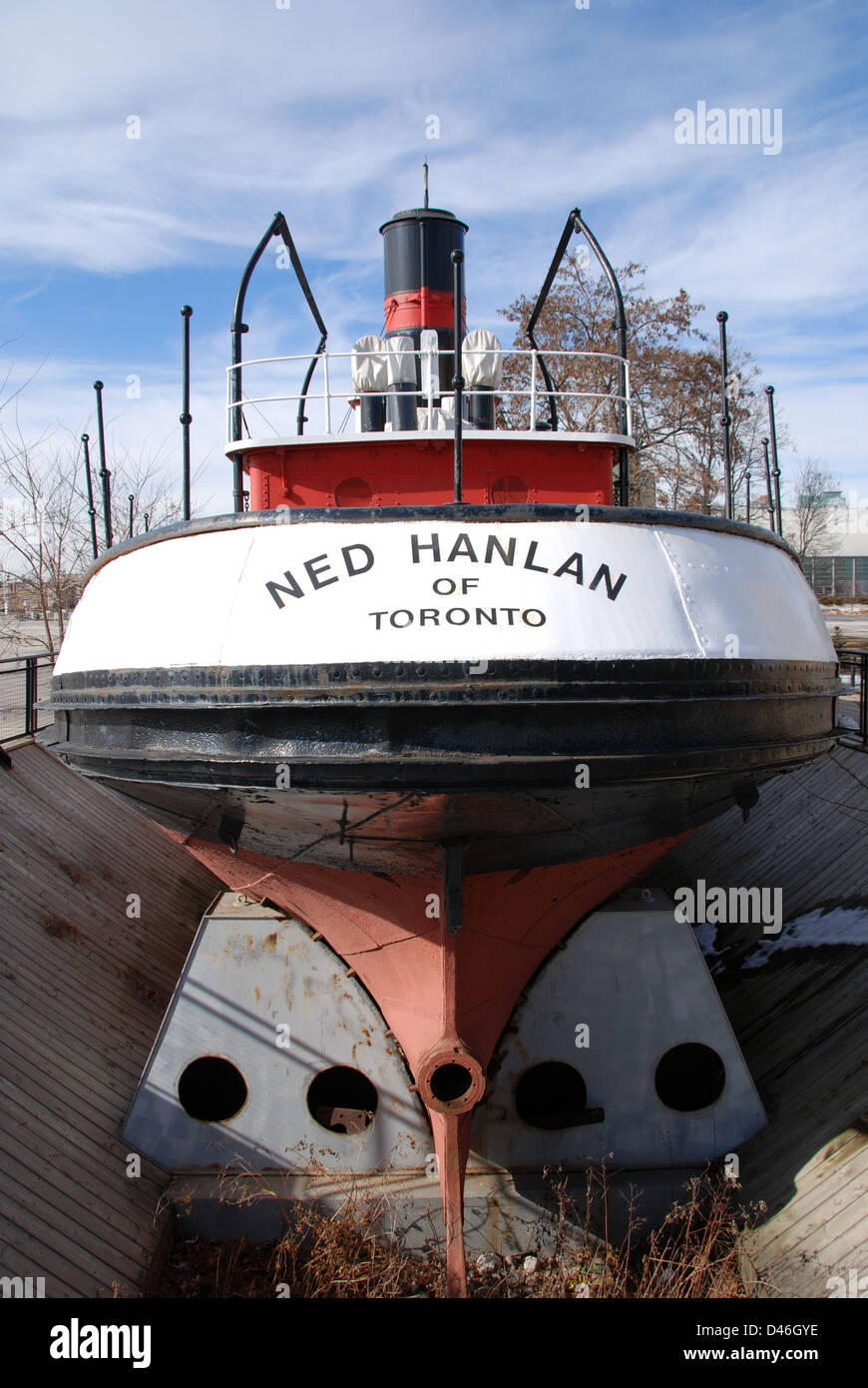 The historically significant steam powered tugboat, the Ned Hanlan mounted and on display in the CNE grounds, Toronto Canada. Stock Photo