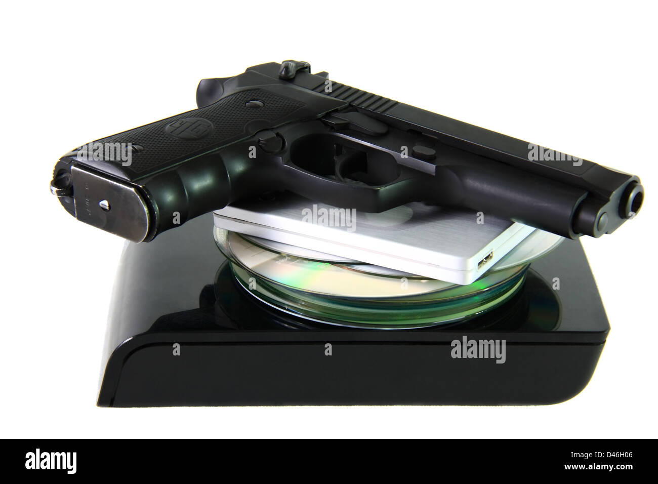 cyber war on database with pistol in front of white  Stock Photo