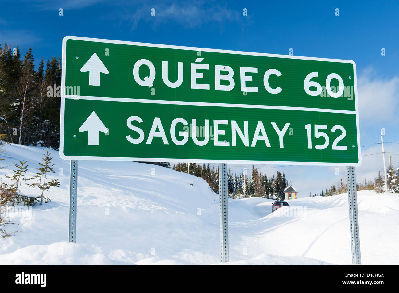 Directional road sign in Camp Mercier, province of Quebec, Canada. Stock Photo