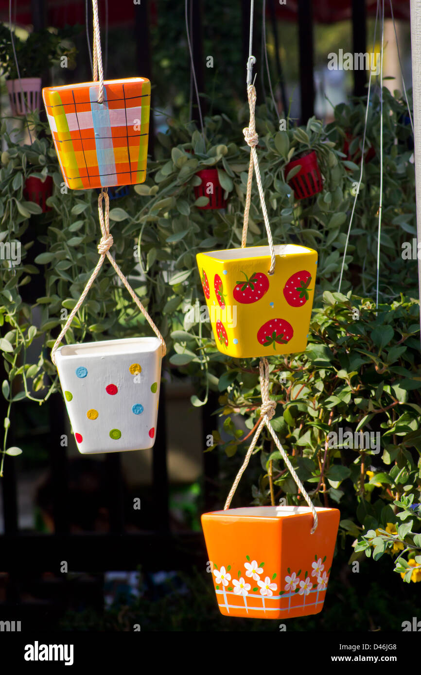 Hanging Flowerpots at Flower Market in Thailand. Stock Photo