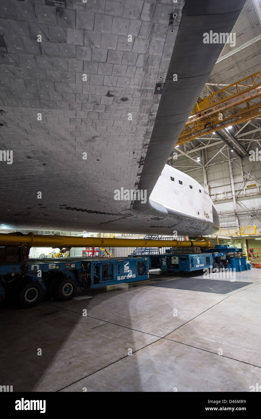 The Space Shuttle Endeavour was positioned in a California hangar at ...