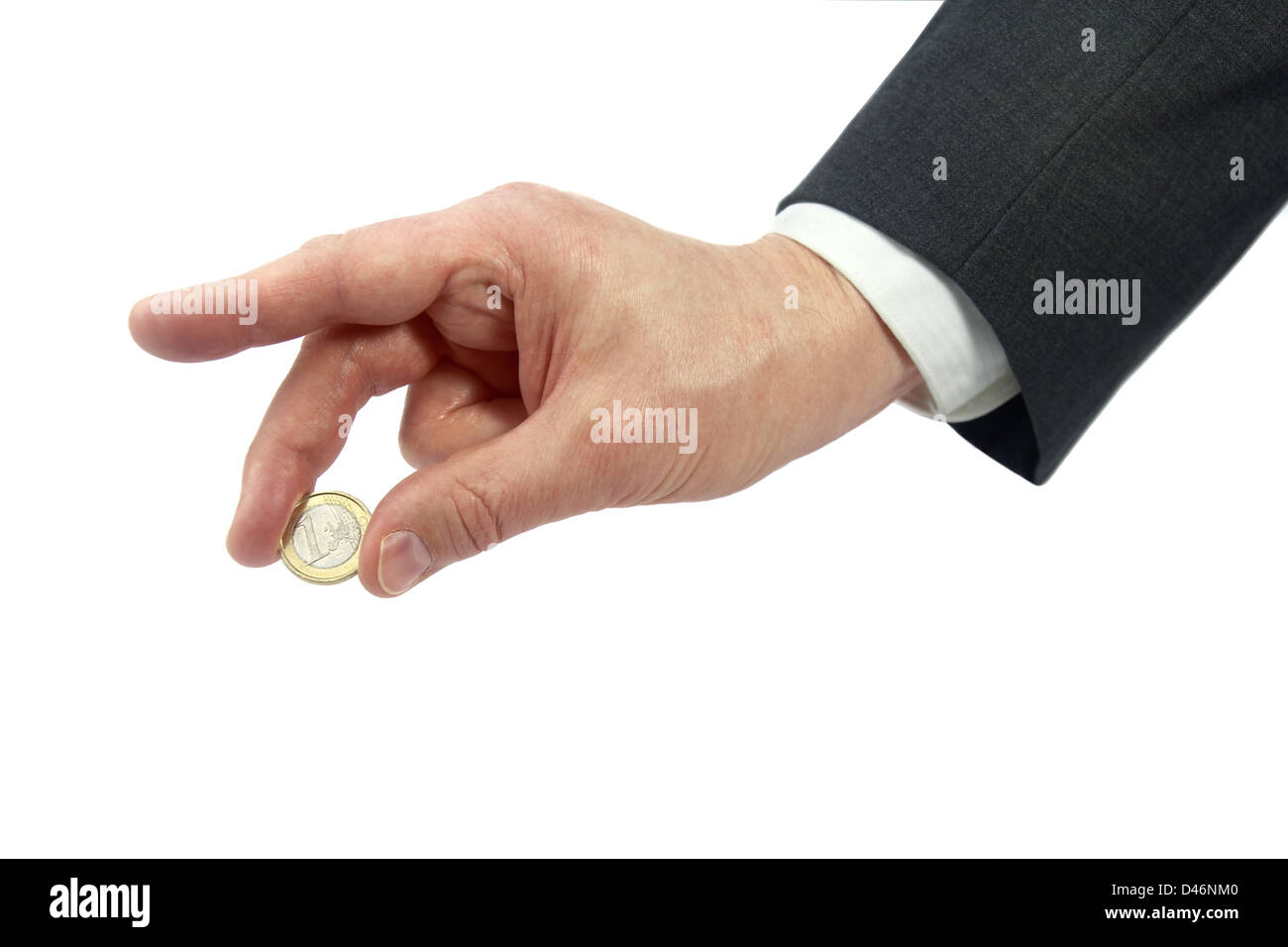 business hand holding one euro coin isolated on white background Stock Photo