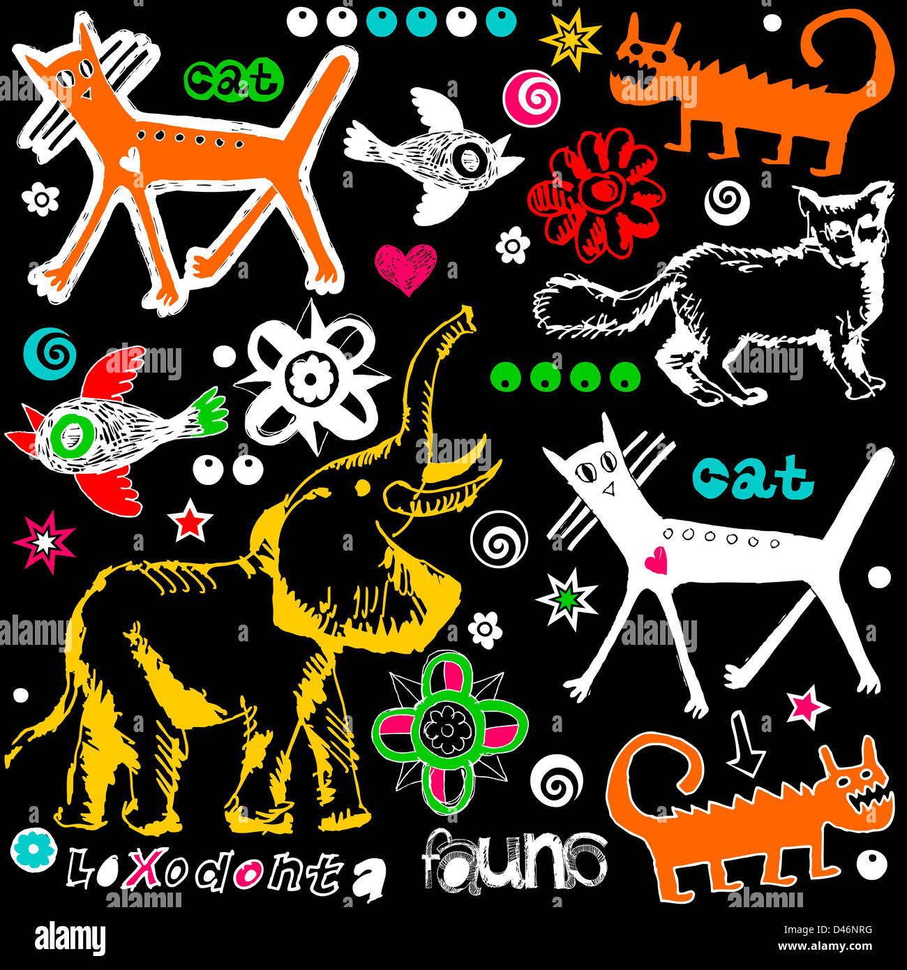 crazy animals, hand drawn design elements on black background Stock Photo