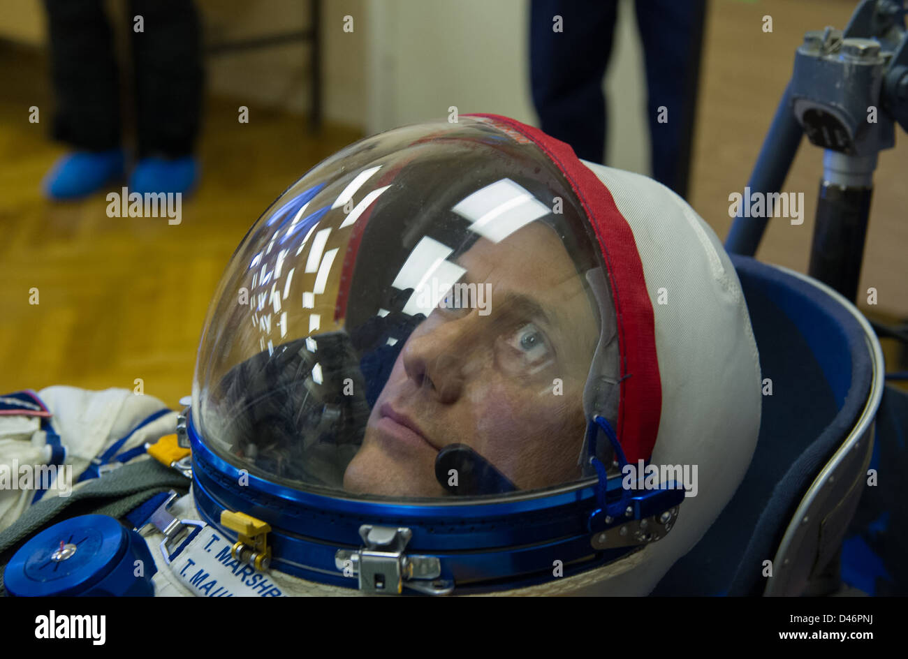 Expedition 34 prelaunch activities at Baikonur Cosmodrome, featuring astronauts Andrey Shelepin and Tom Marshburn in Russian Sokol suits before their mission to the International Space Station. Stock Photo
