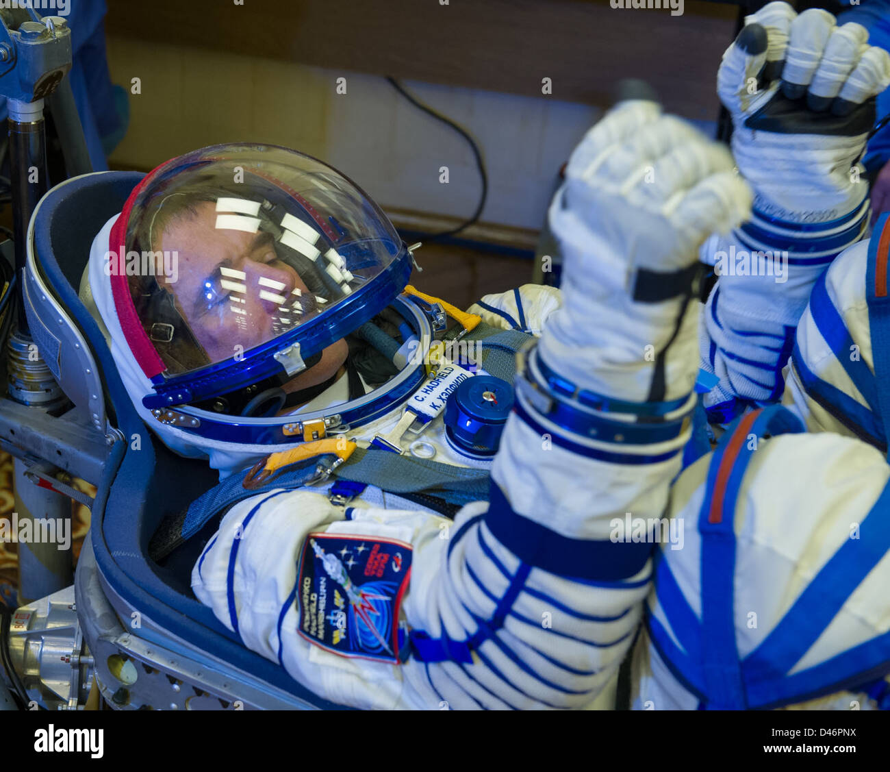 Expedition 34 preflight preparations at Baikonur Cosmodrome involve astronauts including Chris Hadfield, Andrey Shelepin, and Russian cosmonauts. They prepare for their upcoming mission to the ISS. Stock Photo