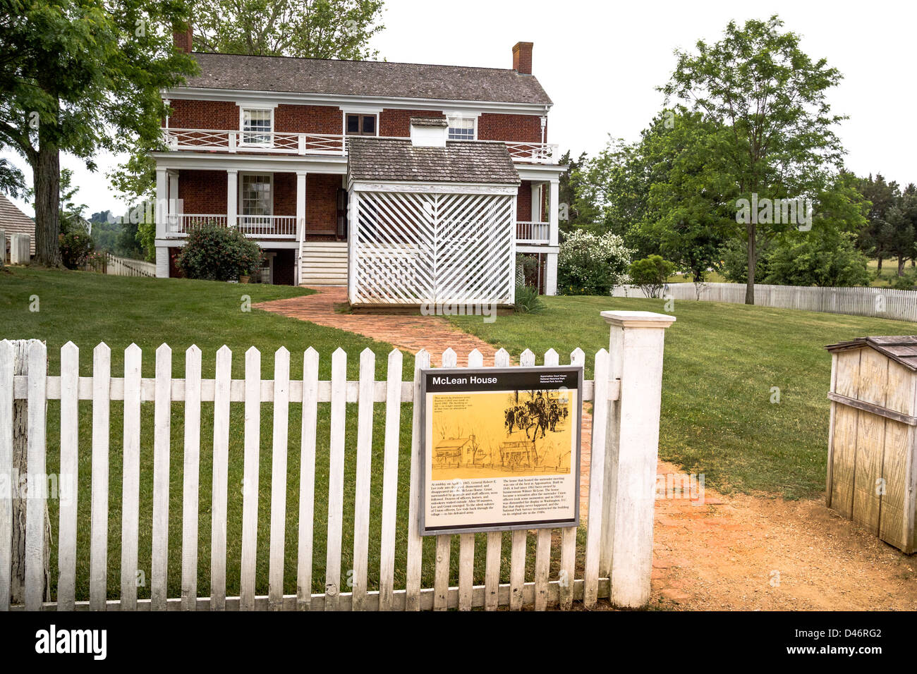 A National Park Service sign describes the historic McLean House near Appomattox, Virginia, USA, where the U.S. Civil War officially ended in 1865. Stock Photo