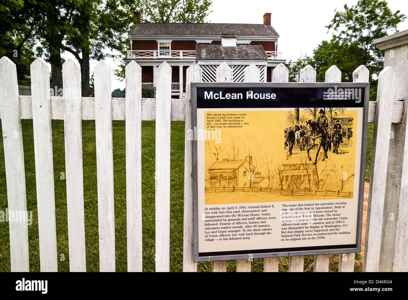 A National Park Service sign describes the historic McLean House near Appomattox, Virginia, USA, where the U.S. Civil War officially ended in 1865. Stock Photo