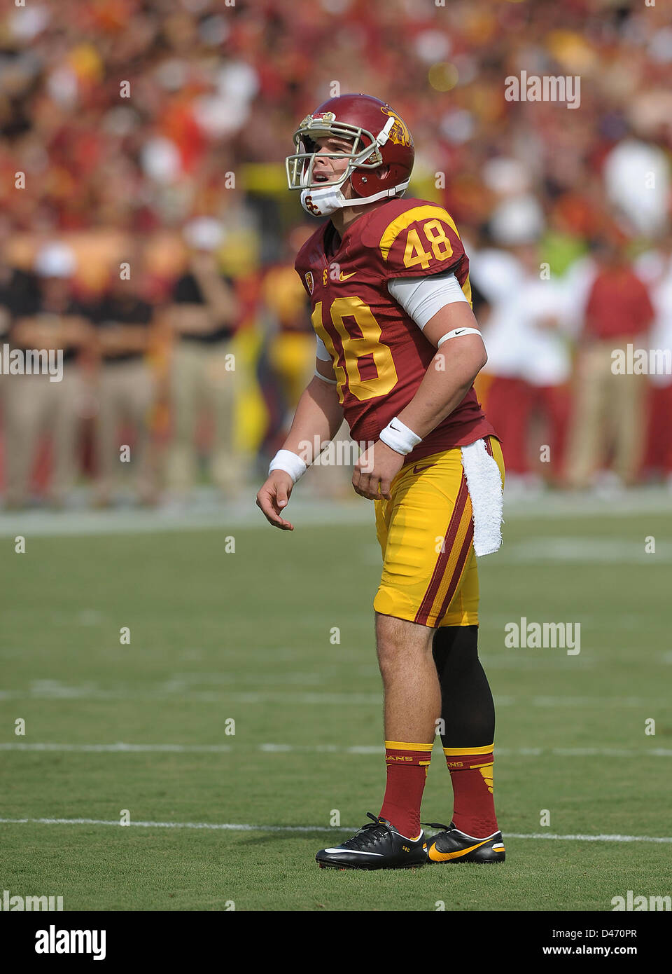 Sept. 22, 2012 - Los Angeles, CA, United States of America - September 22, {year} Los Angeles, CA..USC Trojans place kicker (48) Andre Heidari during the NCAA Football game between the USC Trojans and the California Golden Bears at the Coliseum in Los Angeles, California. The USC Trojans defeat the California Golden Bears 27-9..(Mandatory Credit: Jose Marin / MarinMedia / Cal Sport Media) Stock Photo