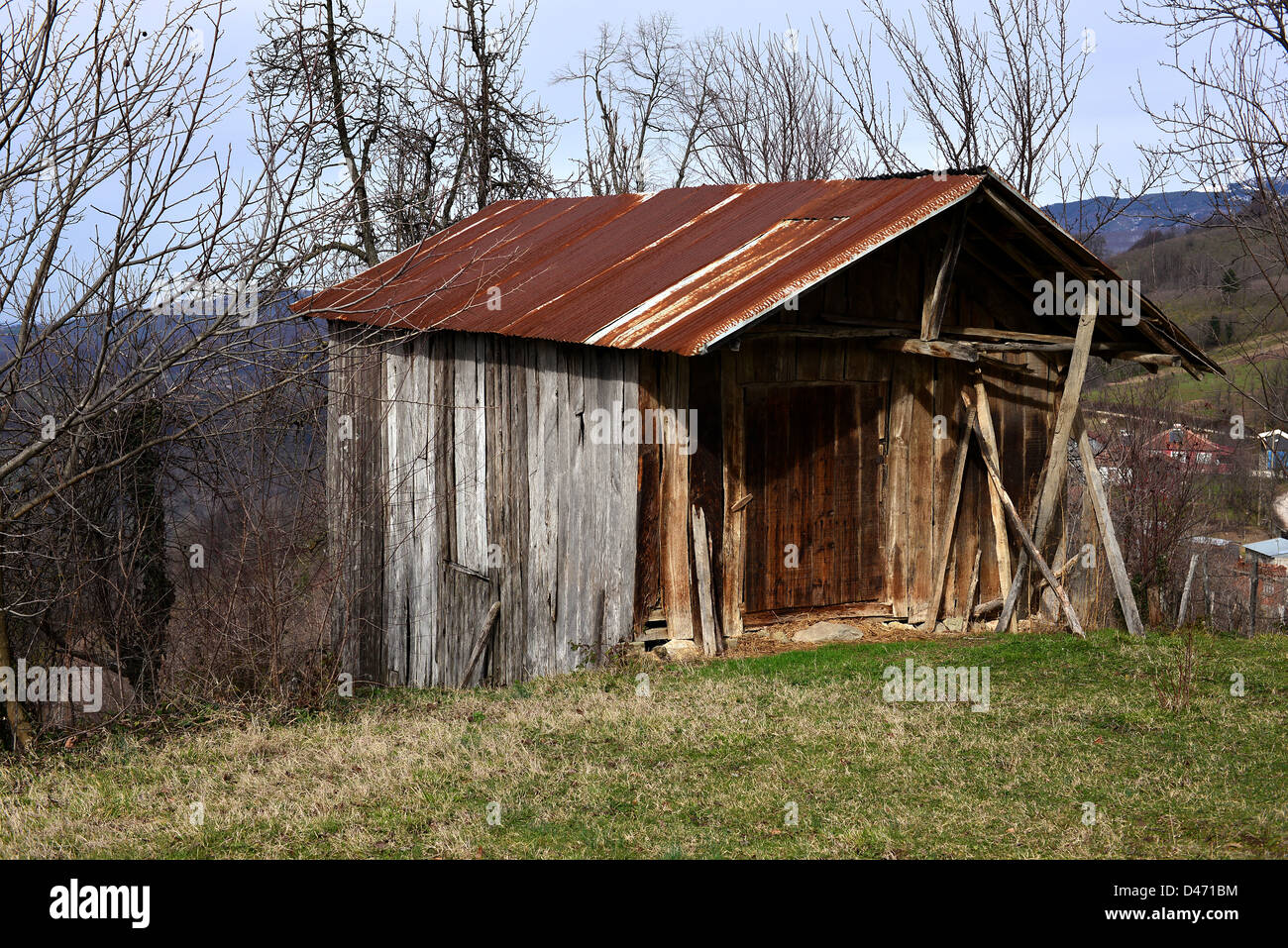 abandoned wooden hut in rural areas Stock Photo