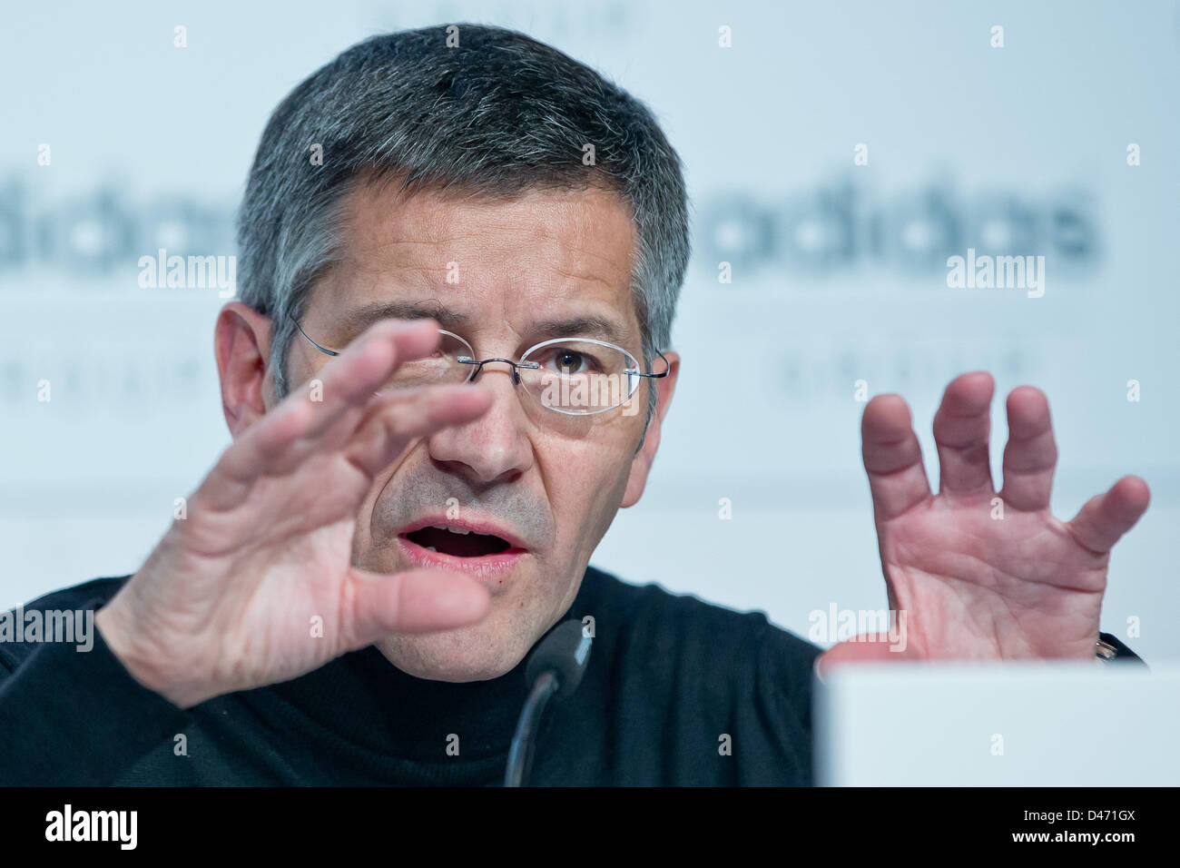adidas CEO Herbert Hainer speaks at the company's financial statement press conference in Herzogenaurach, Germany, 07 March 2013. Photo: DANIEL KARMANN Stock Photo