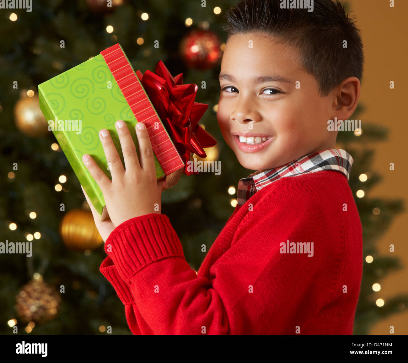 Boy Holding Christmas Present In Front Of Tree Stock Photo Alamy