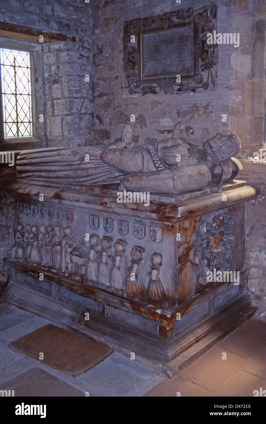 Alabaster tomb chest of Sir John Harpur and wife (died 1627) at St James Church, Swarkestone, Derbyshire, England, UK Stock Photo