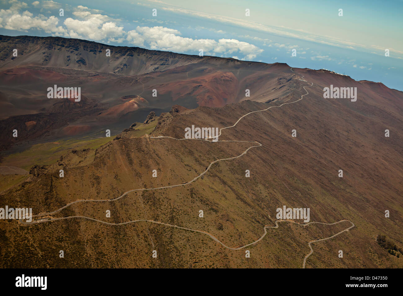 An aerial view across Haleakala Crater showing Ka Lu'u o ka O'o Cone, and Science City