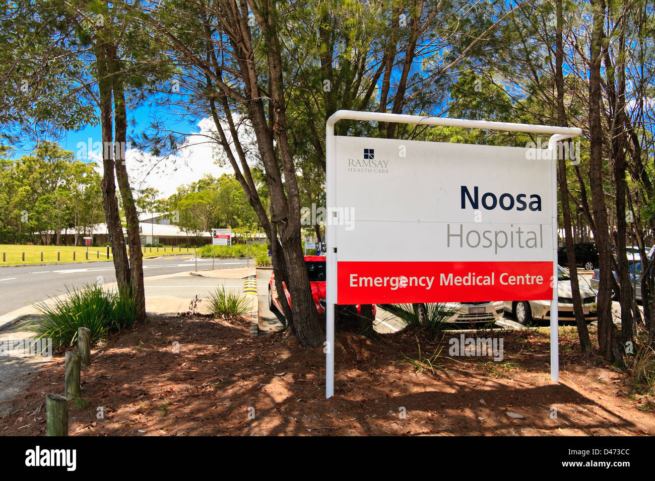 Signage showing The entrance to the Noosa Hospital Emergency Medical Centre location Noosa Queensland Australia Stock Photo