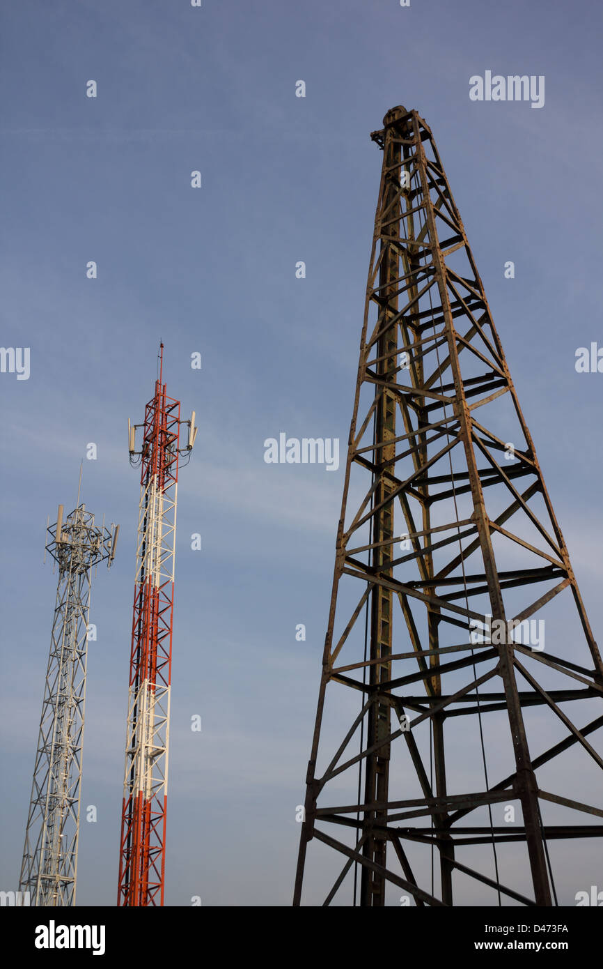 utility pole and lifting machine in construction site Stock Photo
