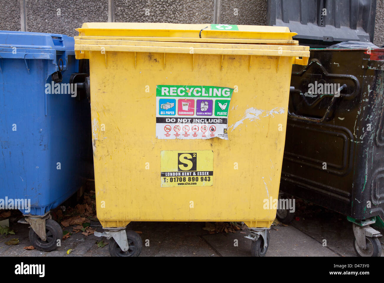 Blue yellow green recycling bins hires stock photography and images