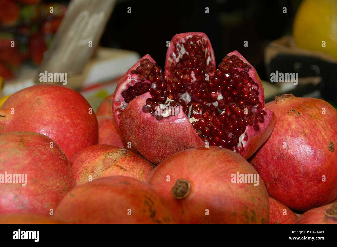 Pomegranate stall Photographed at Machane Yehuda Market, Jerusalem, Israel Stock Photo