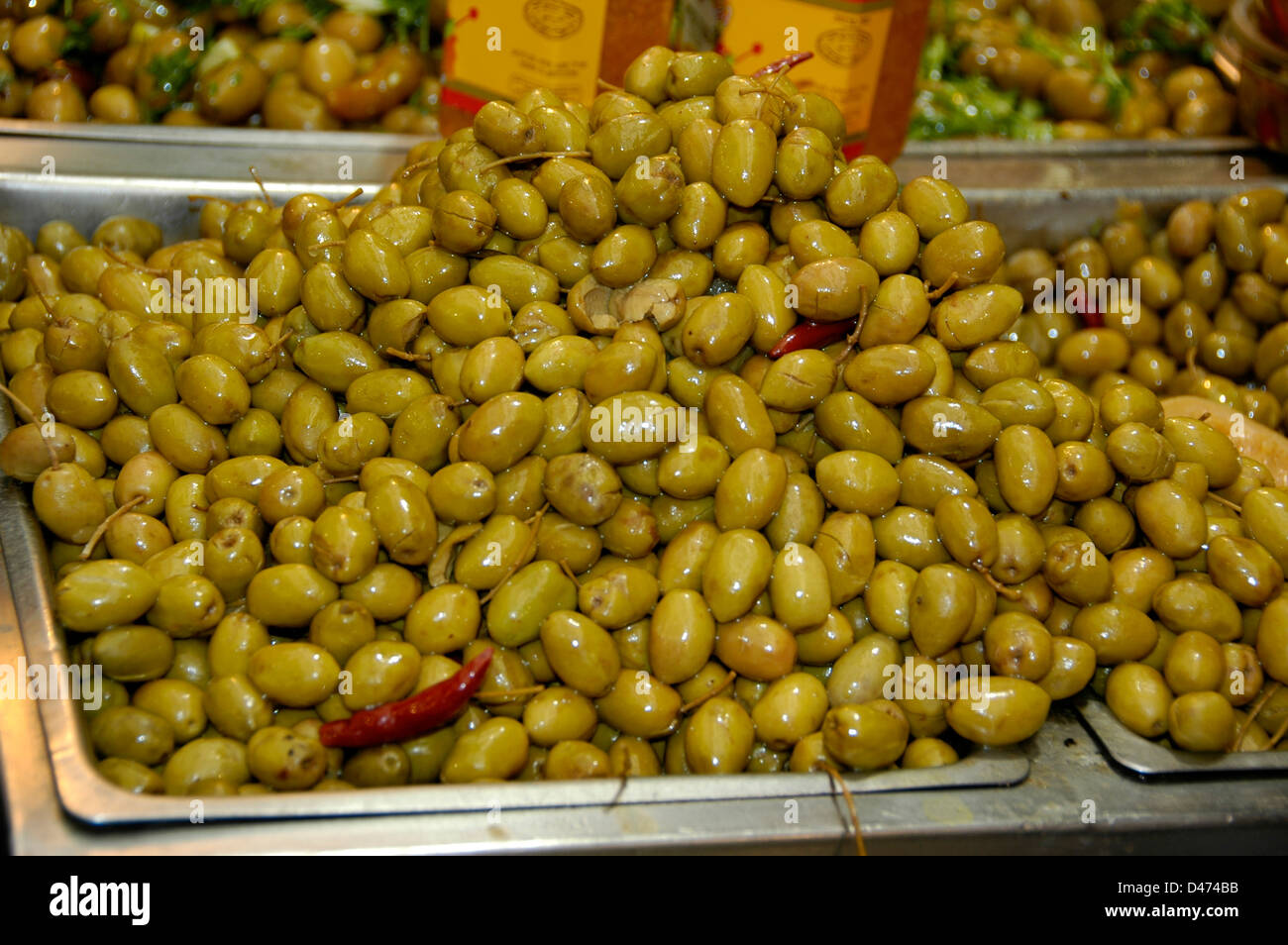 Green Olives on sale Photographed at Machane Yehuda Market, Jerusalem, Israel Stock Photo