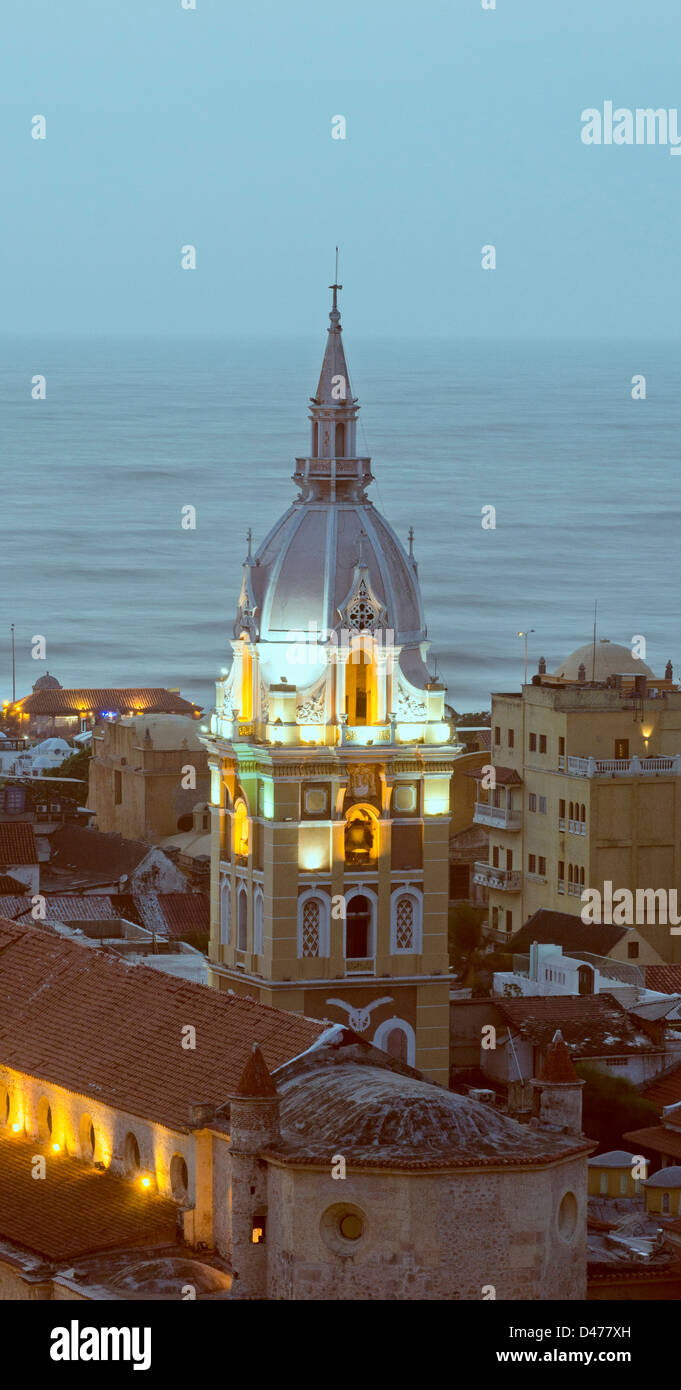Cartagena Cathedral aerial view and Caribbean sea in the background Stock Photo
