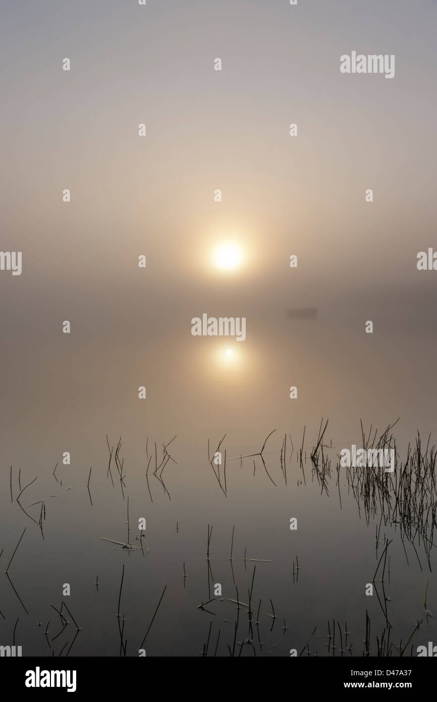 Misty lake with boat Stock Photo - Alamy