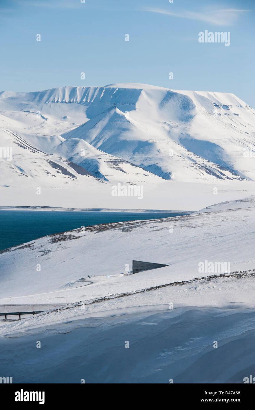 Entrance to the Svalbard Global Seed Vault with Isfjorden in the background Stock Photo