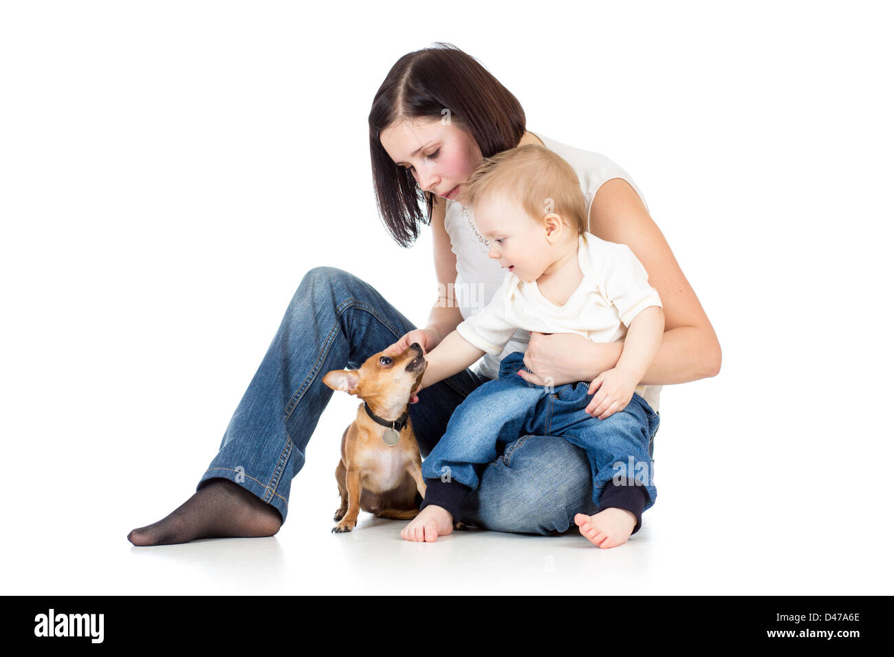 mother, baby boy and dog isolated on white background Stock Photo