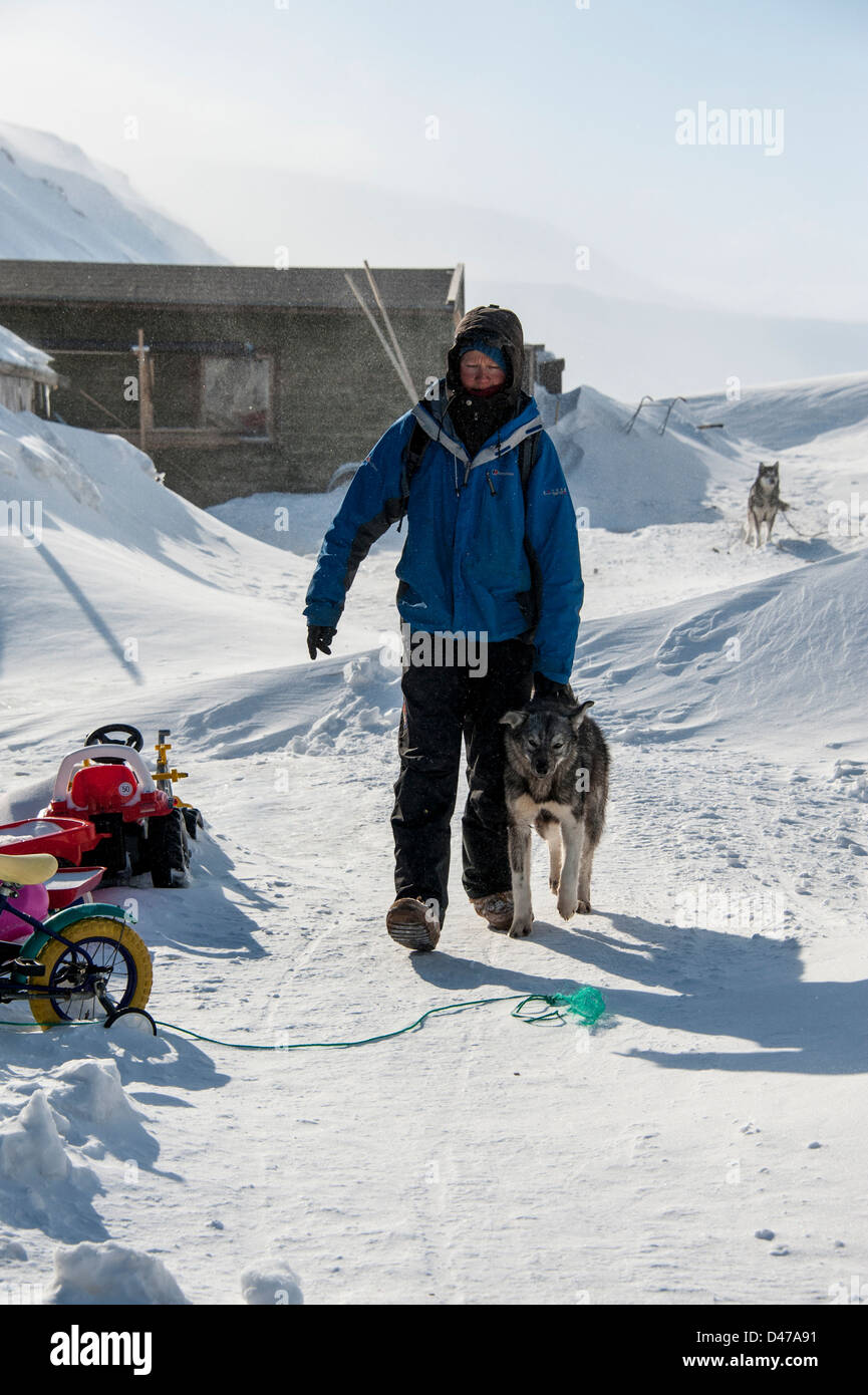 Dogsledding tourguide Reetta Helkala gets her dogs ready at the camp for a trip into the Spitsbergen interior Stock Photo
