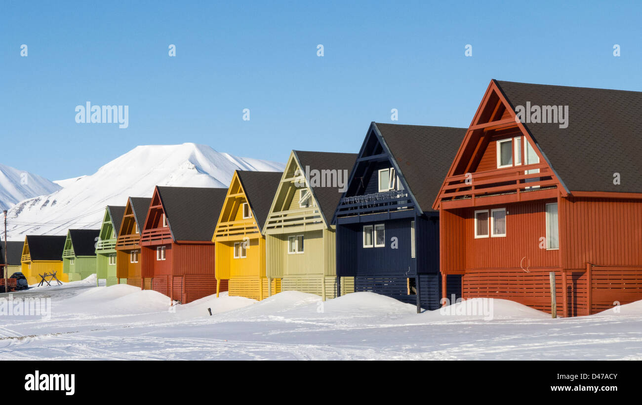 Former company town housing for coal miners in Longyearbyen on Spitsbergen Svalbard Arctic Norway Stock Photo