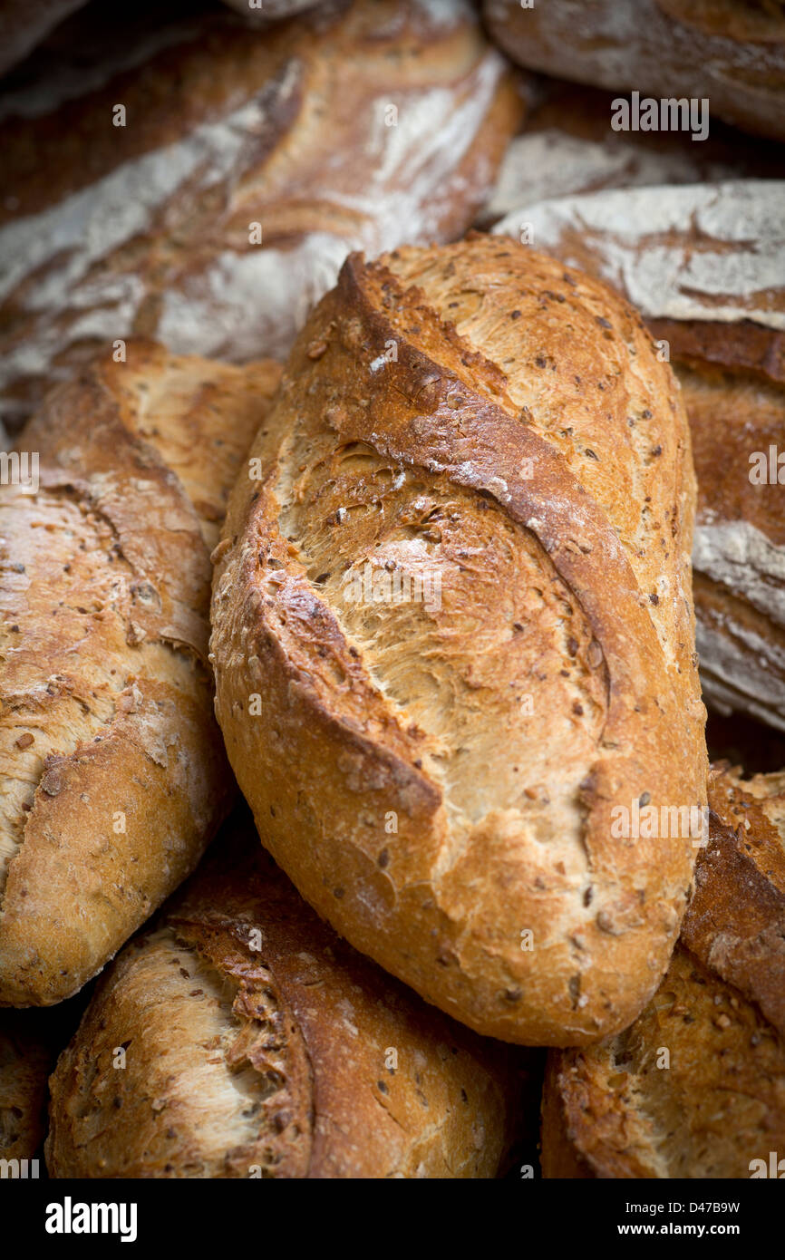 A display of several types of breads (France). loaves Présentation de différents types de pains. Stock Photo