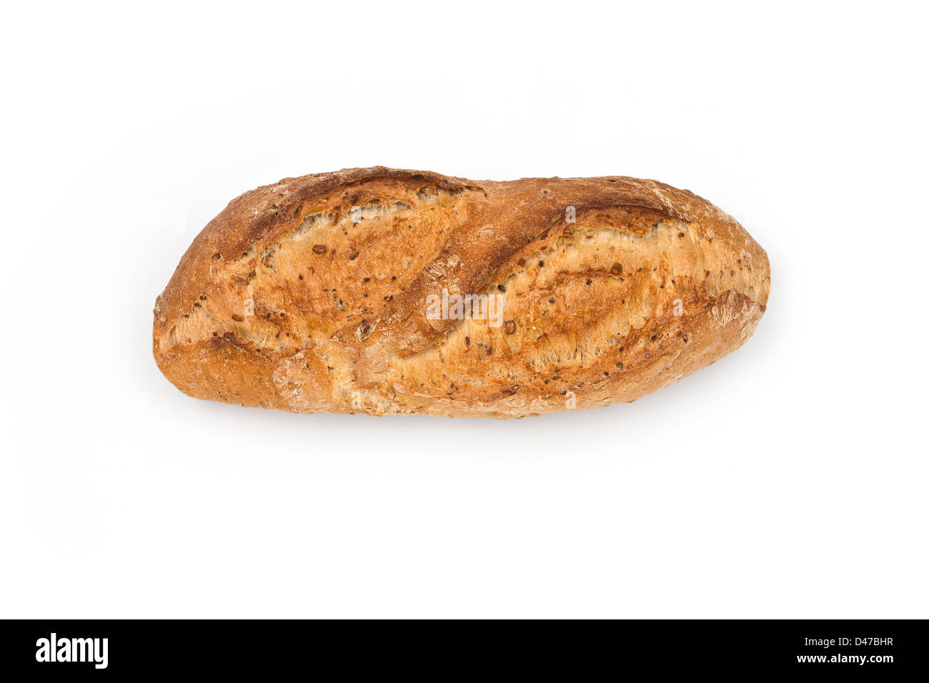 A whole grain bread on a white background (France). Pain aux céréales en studio sur fond blanc (Vichy). Stock Photo