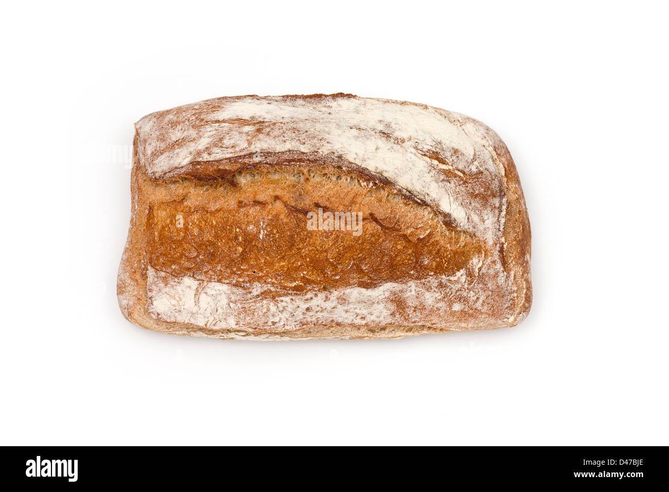 A loaf of rustic bread, photographed on  a white background (Jouannet firm at Vichy - France). Pain en studio sur fond blanc. Stock Photo