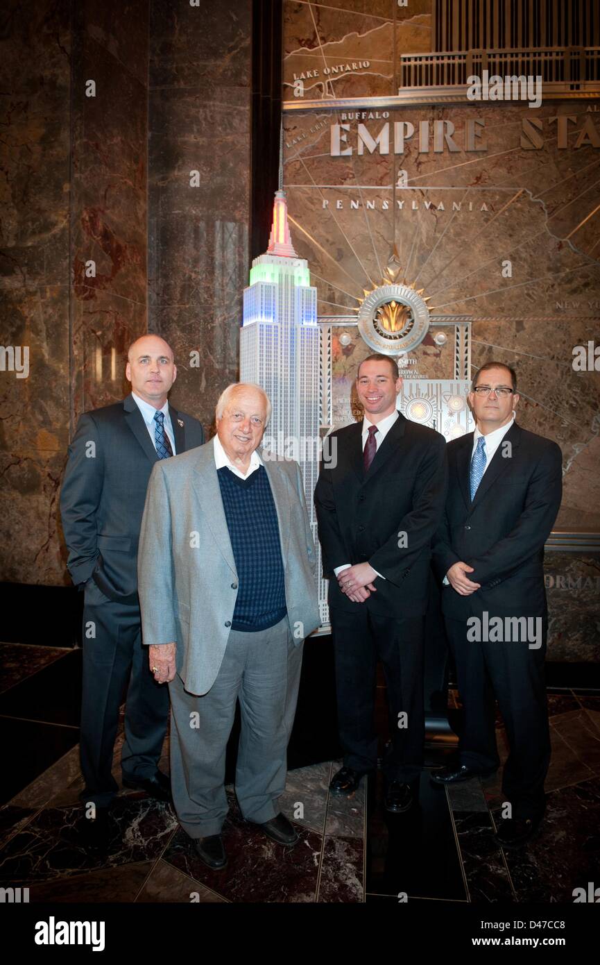 New York, USA. 7th March 2013. TOMMY LASORDA, Baseball Hall of Famer, Dodgers icon, World Baseball Classic Ambassador, World Series and Olympic gold medal winning manager lights the Empire State Building to celebrate the start of tournament play in the U.S., Thursday, March 7, 2013. (Credit Image: © Bryan Smith/ZUMAPRESS.com) Stock Photo
