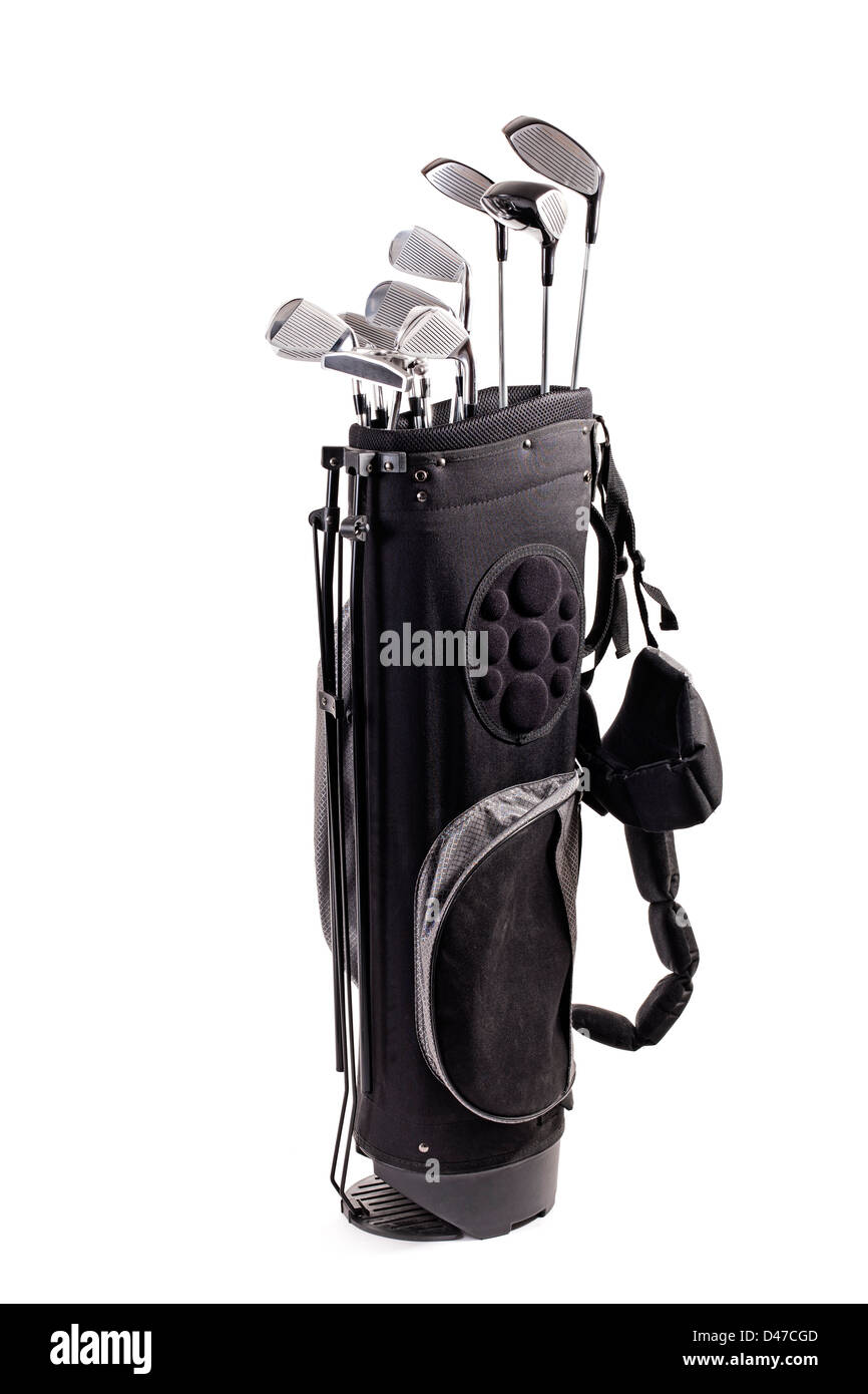 full view of a golf bag with steel clubs isolated on white background Stock Photo