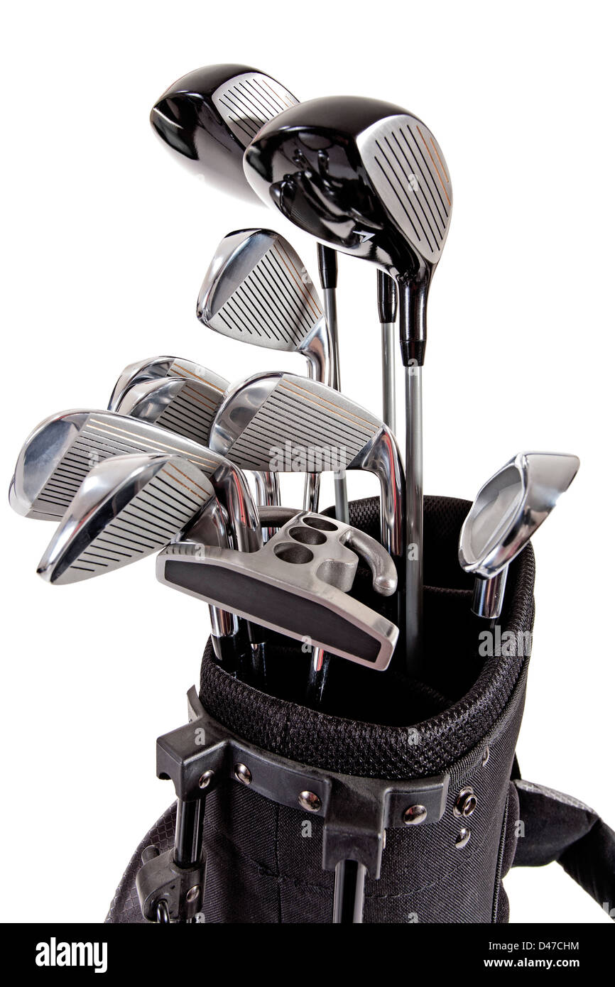 a variety of steel golf clubs in bag on white background Stock Photo