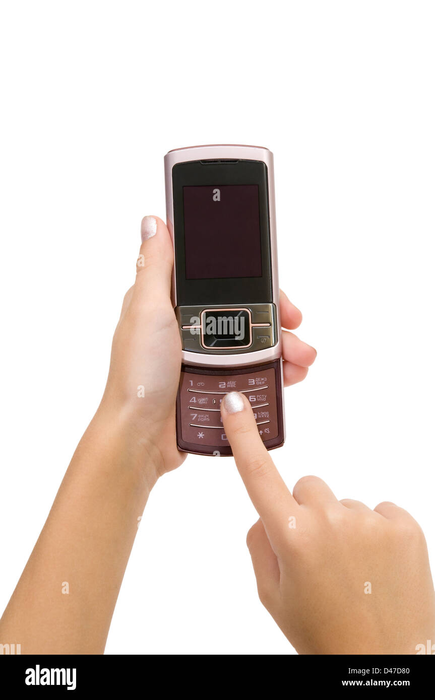 The cellular telephone is photographed close-up on a white background Stock Photo