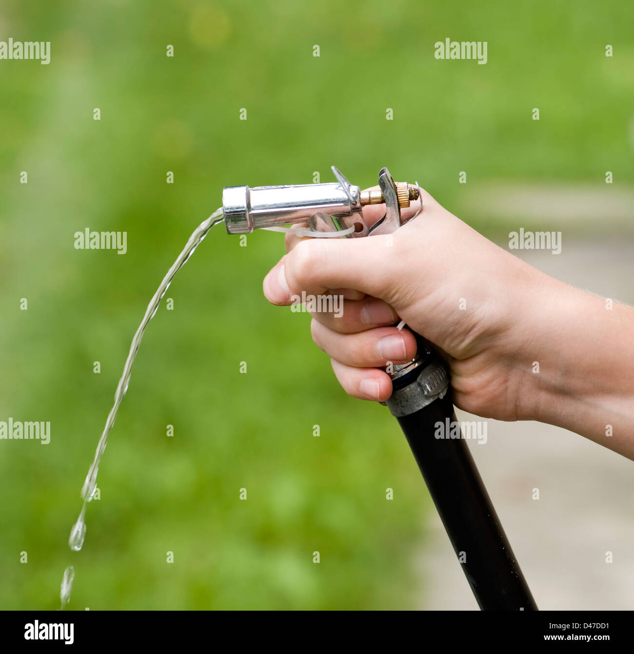 Person holding water hose in garden, close up Stock Photo