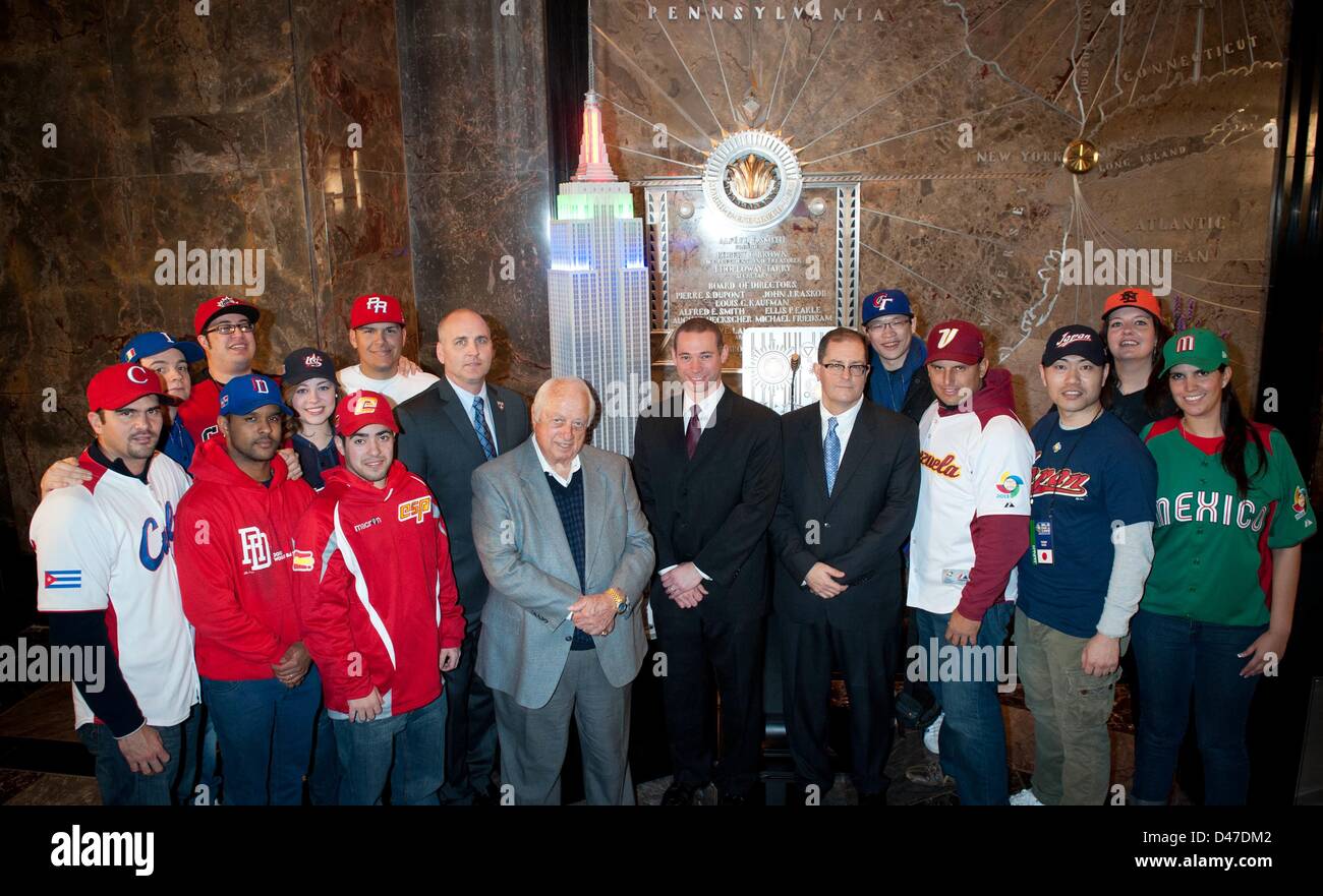 New York, USA. 7th March 2013. TOMMY LASORDA, Baseball Hall of Famer, Dodgers icon, World Baseball Classic Ambassador, World Series and Olympic gold medal winning manager lights the Empire State Building to celebrate the start of tournament play in the U.S., Thursday, March 7, 2013. (Credit Image: © Bryan Smith/ZUMAPRESS.com) Stock Photo