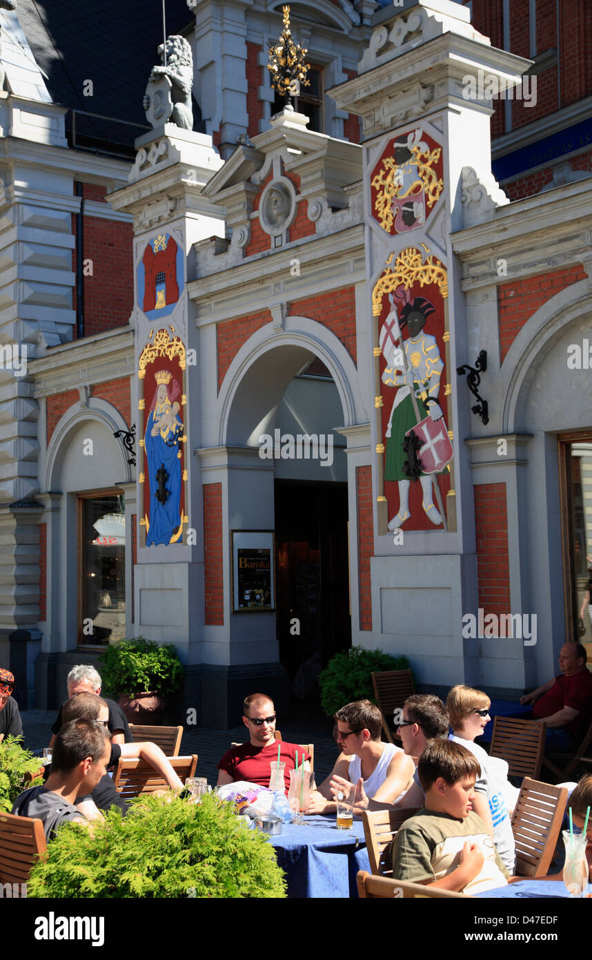 Restaurant in front of the Blackheads House at Town Hall Square, Riga, Latvia Stock Photo