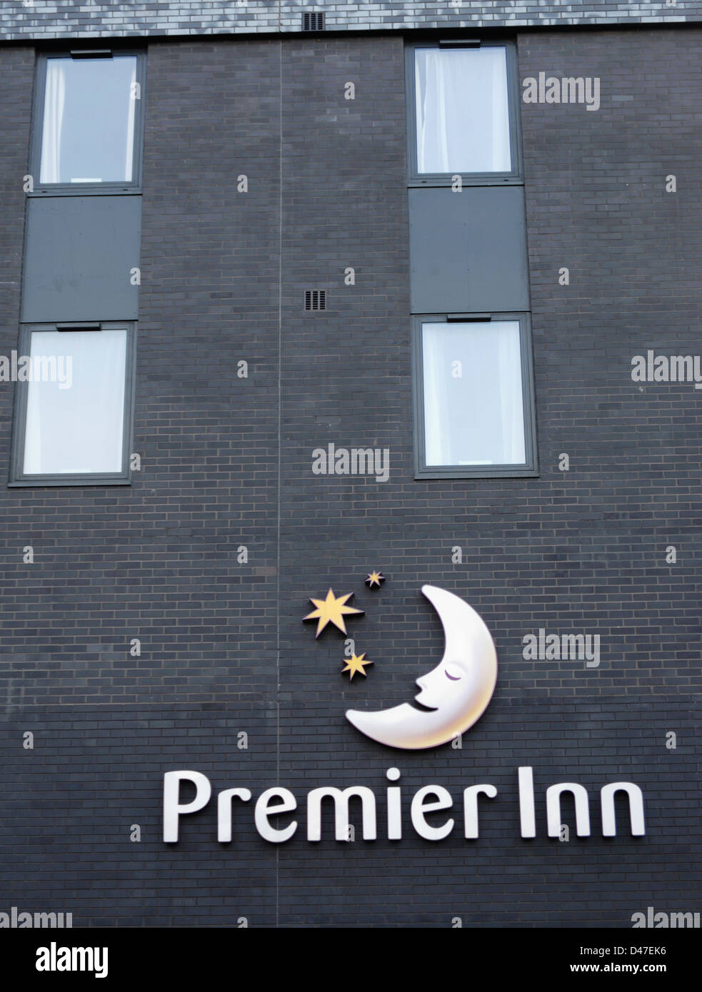 Premier Inn sign and logo on the side of their hotel in Manchester. Stock Photo